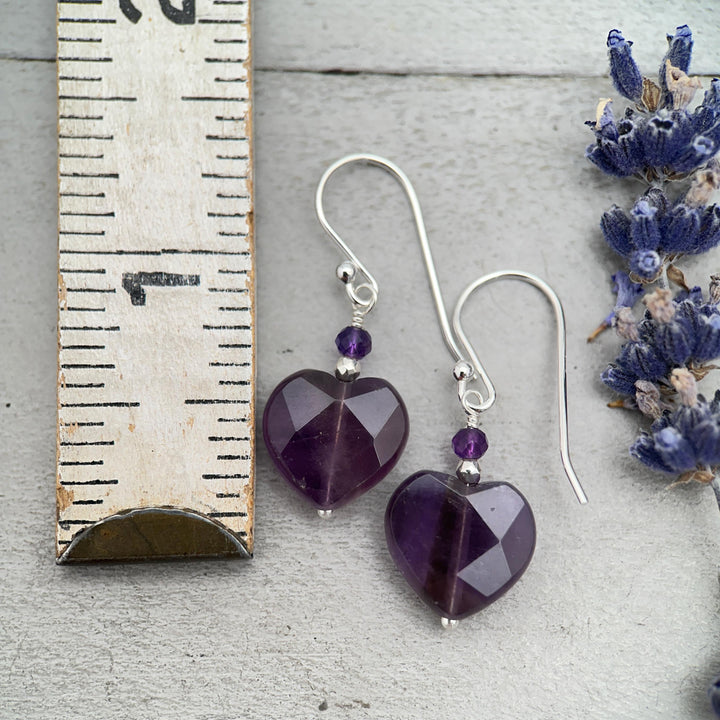 Amethyst Heart Earrings • Sterling Silver or 14k Gold Fill • Faceted Purple Gemstone Dangles • February Birthstone Jewelry - SunlightSilver