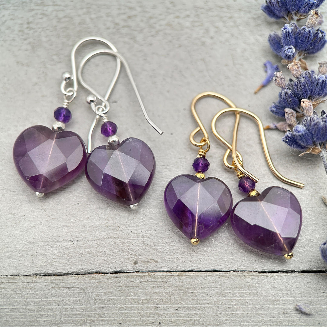 Amethyst Heart Earrings • Sterling Silver or 14k Gold Fill • Faceted Purple Gemstone Dangles • February Birthstone Jewelry - SunlightSilver