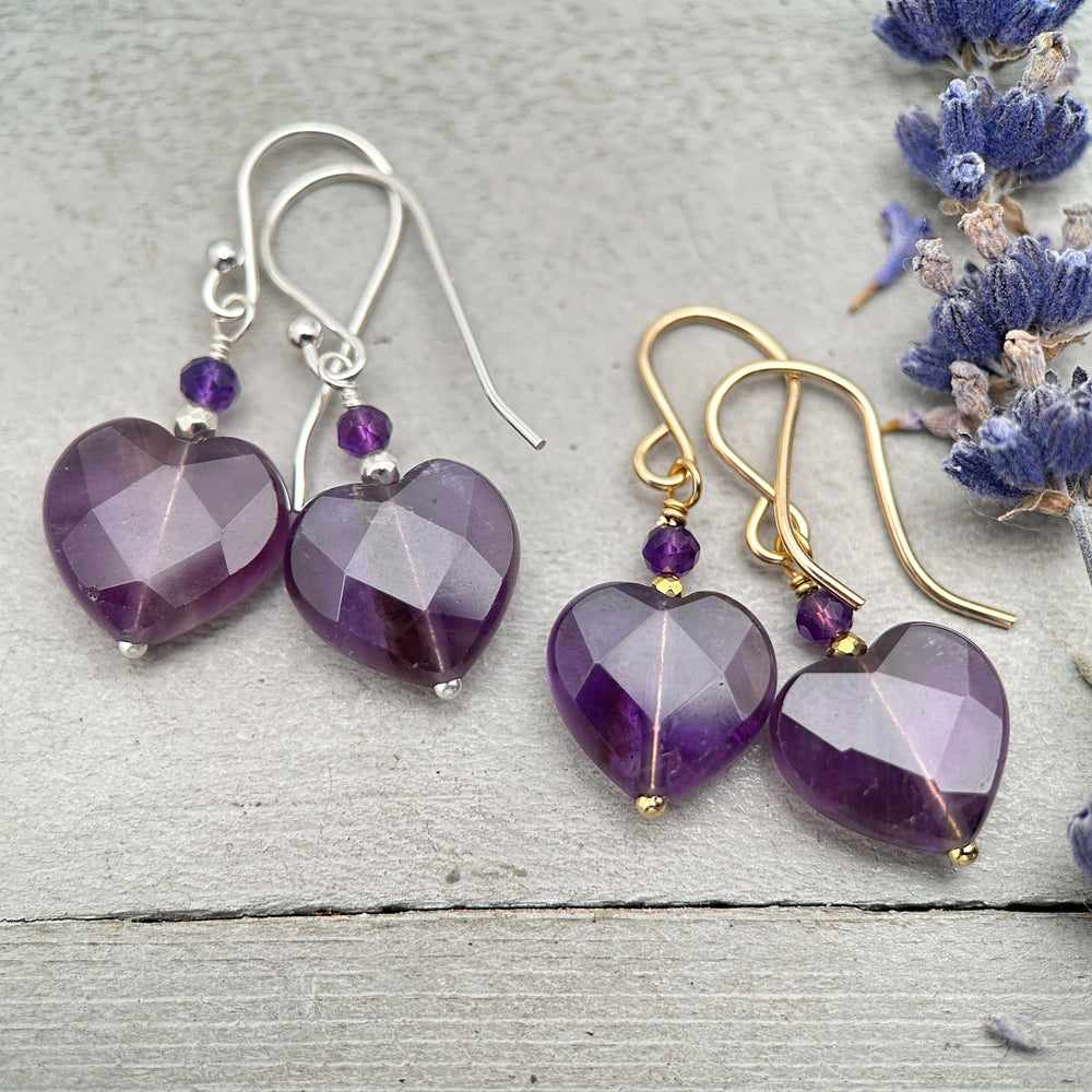 Amethyst Heart Earrings • Sterling Silver or 14k Gold Fill • Faceted Purple Gemstone Dangles • February Birthstone Jewelry - SunlightSilver