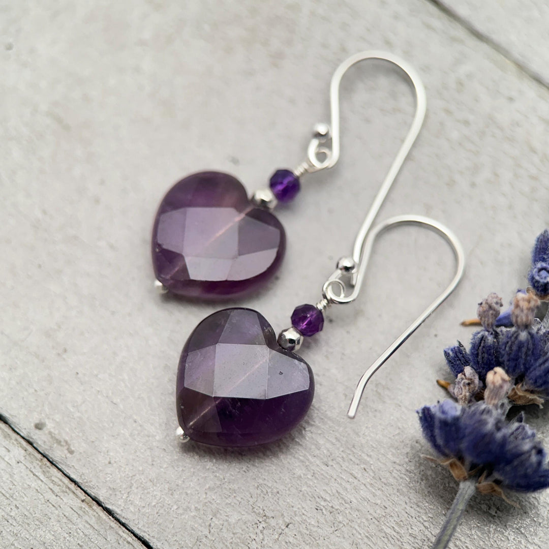 Amethyst Heart Earrings • Sterling Silver or 14k Gold Fill • Faceted Purple Gemstone Dangles • February Birthstone Jewelry - SunlightSilver