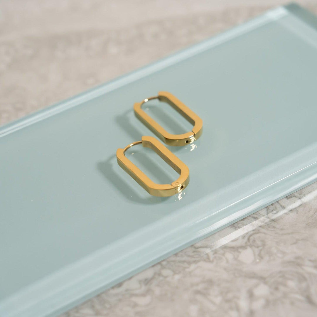 Oval Stainless Steel Hoop Earrings • Silver or 18k Gold PVD • Minimalist Modern Square Edge Hinged Clicker Hoops - SunlightSilver