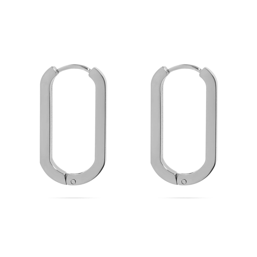 Oval Stainless Steel Hoop Earrings • Silver or 18k Gold PVD • Minimalist Modern Square Edge Hinged Clicker Hoops - SunlightSilver