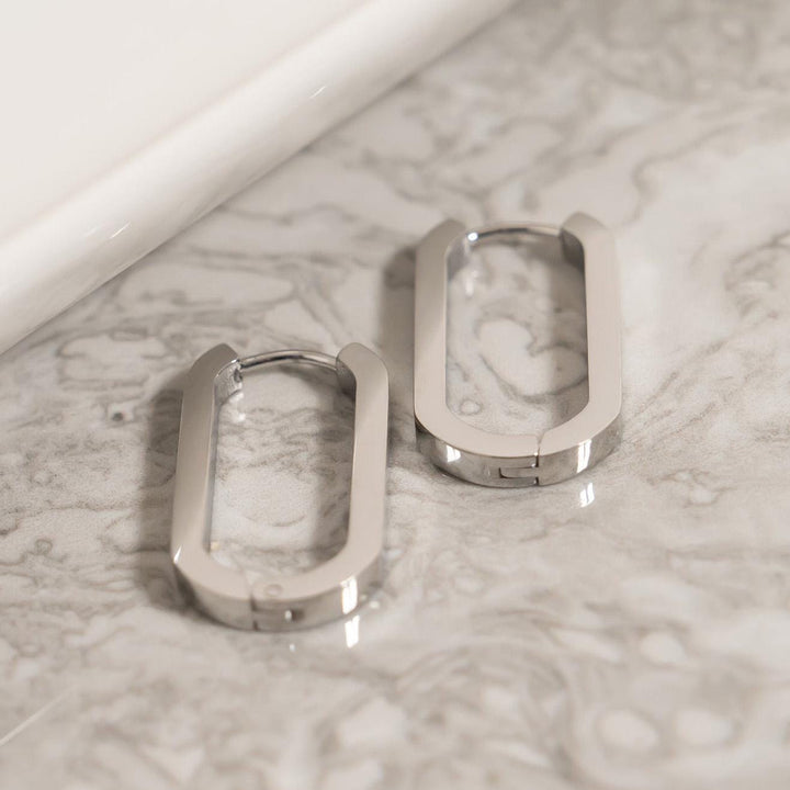 Oval Stainless Steel Hoop Earrings • Silver or 18k Gold PVD • Minimalist Modern Square Edge Hinged Clicker Hoops - SunlightSilver