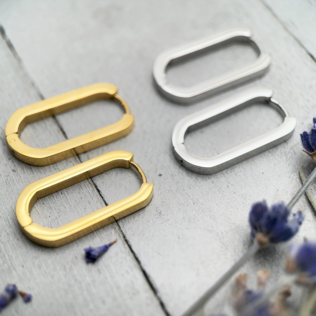 Oval Stainless Steel Hoop Earrings • Silver or 18k Gold PVD • Minimalist Modern Square Edge Hinged Clicker Hoops - SunlightSilver
