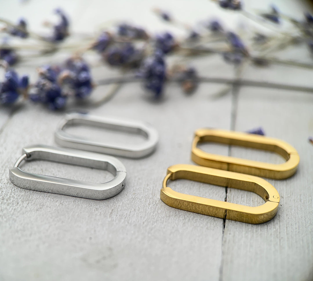 Oval Stainless Steel Hoop Earrings • Silver or 18k Gold PVD • Minimalist Modern Square Edge Hinged Clicker Hoops - SunlightSilver