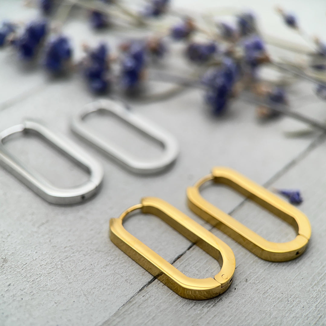 Oval Stainless Steel Hoop Earrings • Silver or 18k Gold PVD • Minimalist Modern Square Edge Hinged Clicker Hoops - SunlightSilver