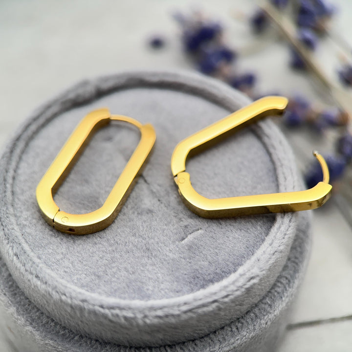 Oval Stainless Steel Hoop Earrings • Silver or 18k Gold PVD • Minimalist Modern Square Edge Hinged Clicker Hoops - SunlightSilver