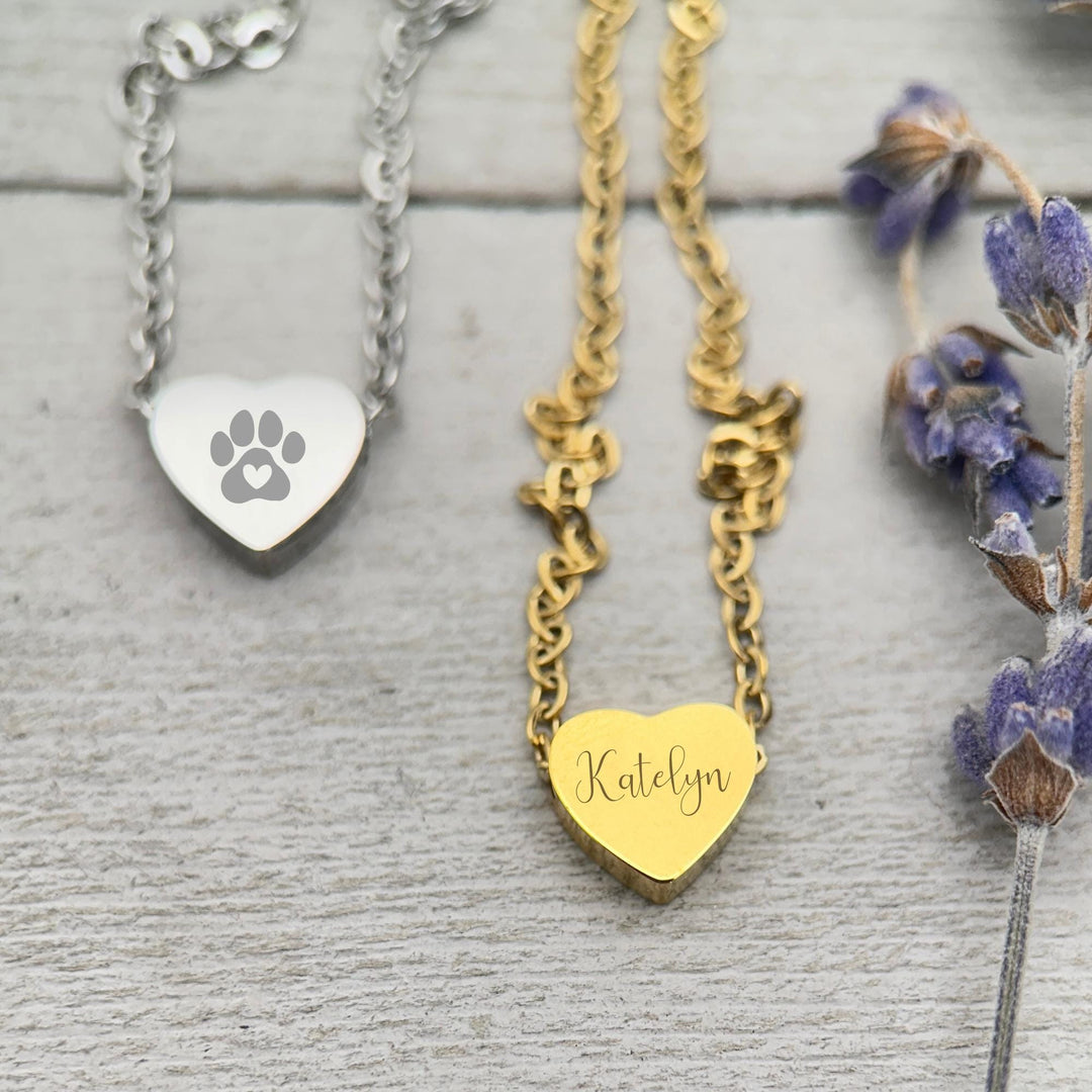 Personalized Heart Necklace • Engraved Stainless Steel Slider Pendant • Custom Name, Date or Symbol • Gold or Silver • USA Made Gift - SunlightSilver