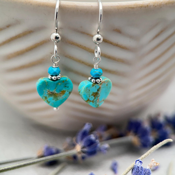Kingman Turquoise Heart and Sterling Silver Earrings - Love symbol - American Rustic Southwest Turquoise - SunlightSilver