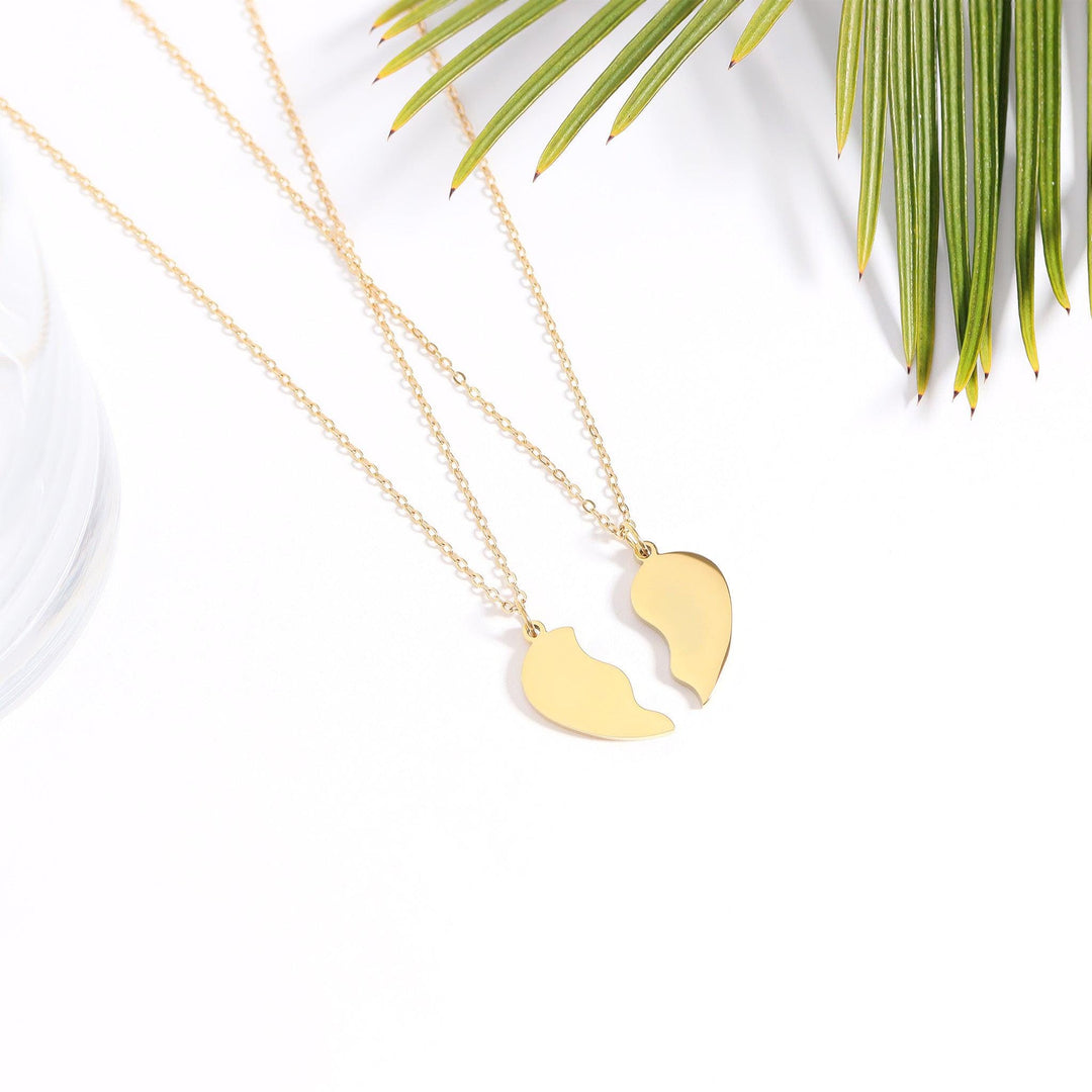 Personalized Best Friends Necklace • Engraved Stainless Split Heart Pendant Set • BFF Custom Name, Phrase, Symbols • Gold or Silver Bestie - SunlightSilver