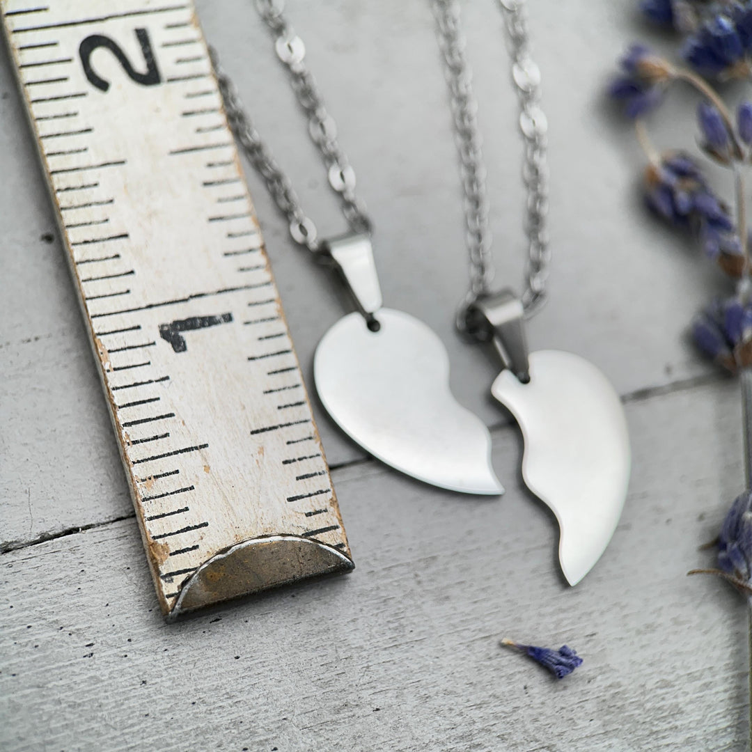 Personalized Best Friends Necklace • Engraved Stainless Split Heart Pendant Set • BFF Custom Name, Phrase, Symbols • Gold or Silver Bestie - SunlightSilver