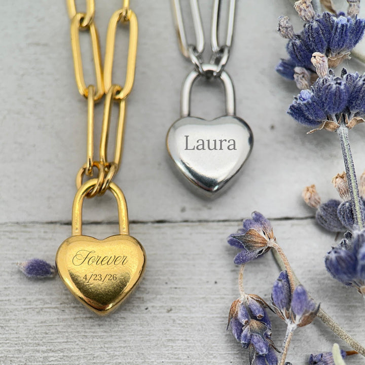 Personalized Heart Lock Necklace • Engraved Padlock Charm • Stainless Steel Love Lock • Custom Name or Date • Anniversary Gift - SunlightSilver