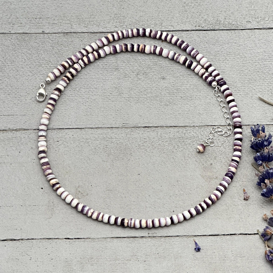 Wampum Shell Necklace • White & Purple Beaded • Sterling Silver • Coastal Shell Jewelry • Minimal Layering Necklace - SunlightSilver