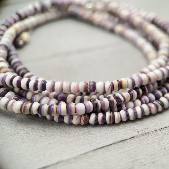 Wampum Shell Necklace • White & Purple Beaded • Sterling Silver • Coastal Shell Jewelry • Minimal Layering Necklace - SunlightSilver