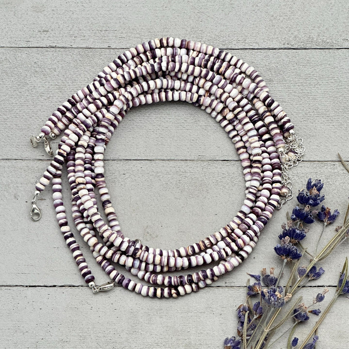 Wampum Shell Necklace • White & Purple Beaded • Sterling Silver • Coastal Shell Jewelry • Minimal Layering Necklace - SunlightSilver