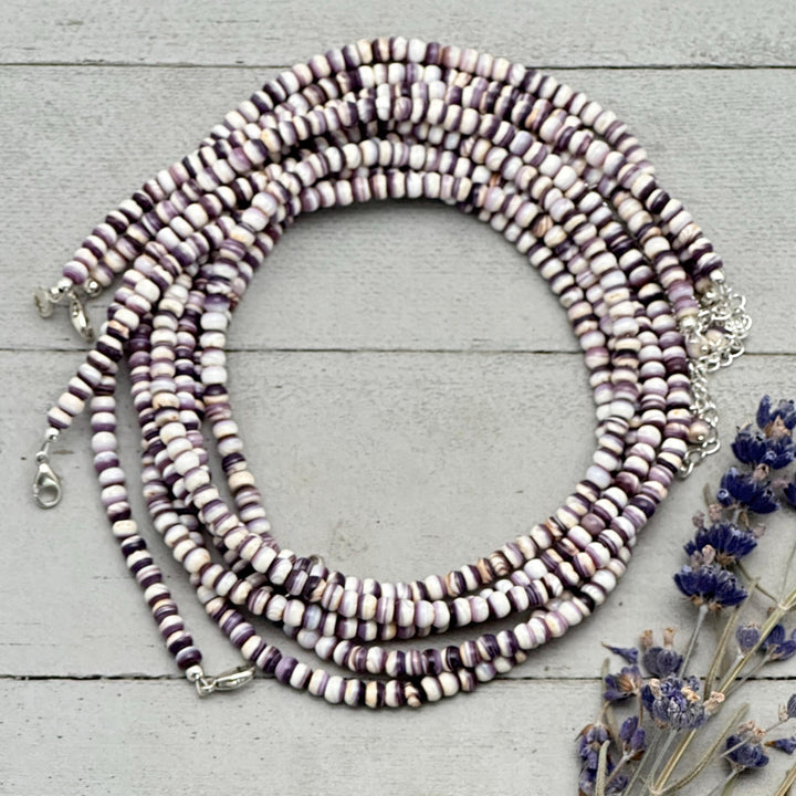 Wampum Shell Necklace • White & Purple Beaded • Sterling Silver • Coastal Shell Jewelry • Minimal Layering Necklace - SunlightSilver