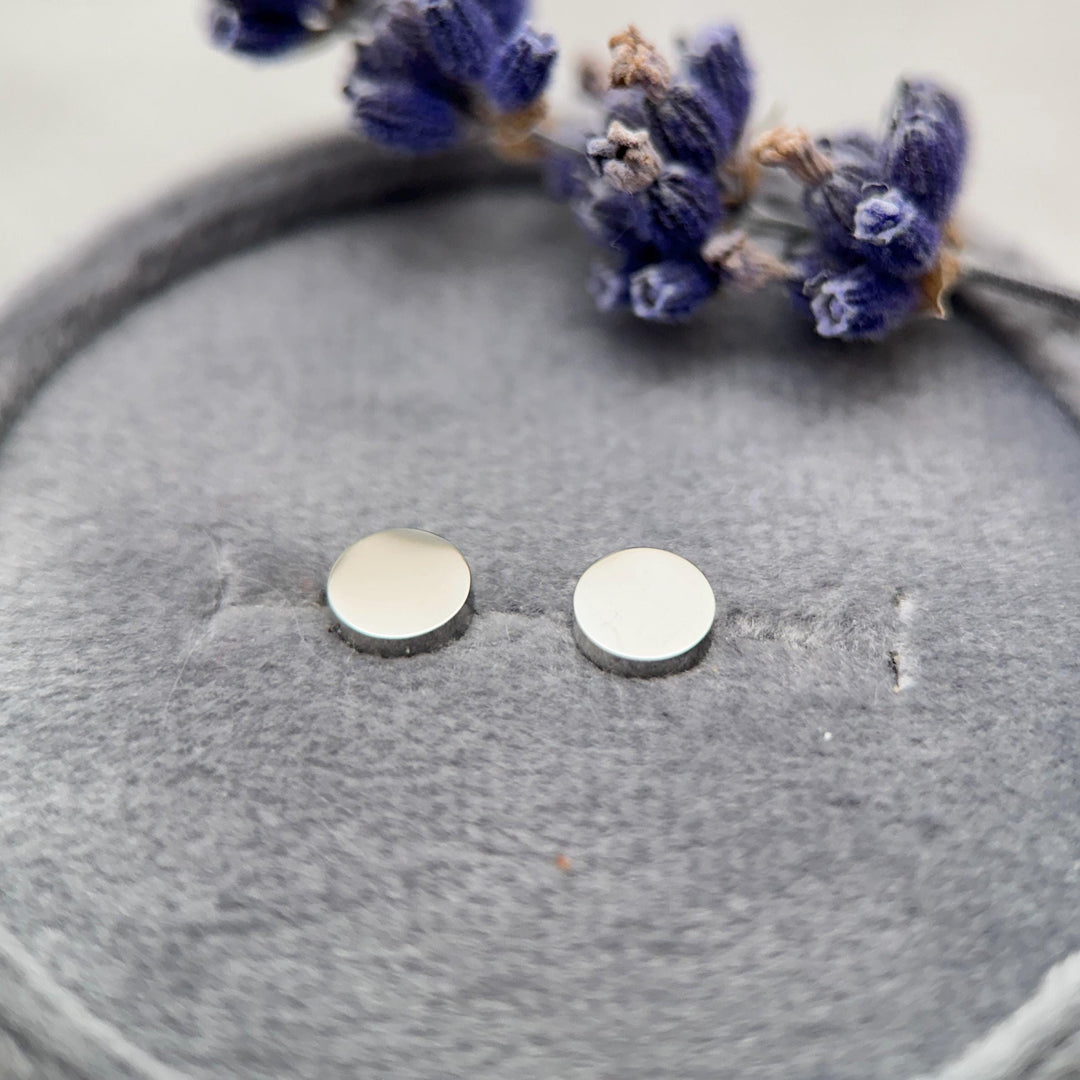 4mm Circle Stud Minimal Earrings • Stainless Steel Studs • Silver or 18k Gold PVD • Optional Engraving or Personalization - SunlightSilver