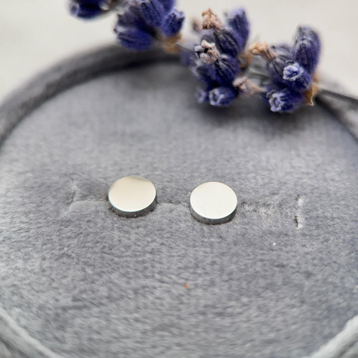 4mm Circle Stud Minimal Earrings • Stainless Steel Studs • Silver or 18k Gold PVD • Optional Engraving or Personalization - SunlightSilver