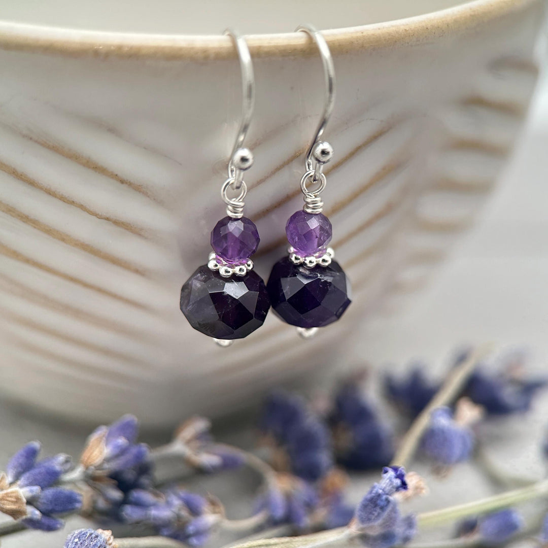 Amethyst Sterling Silver Earrings • Faceted Purple Gemstone Dangle Jewelry • February Birthstone - SunlightSilver