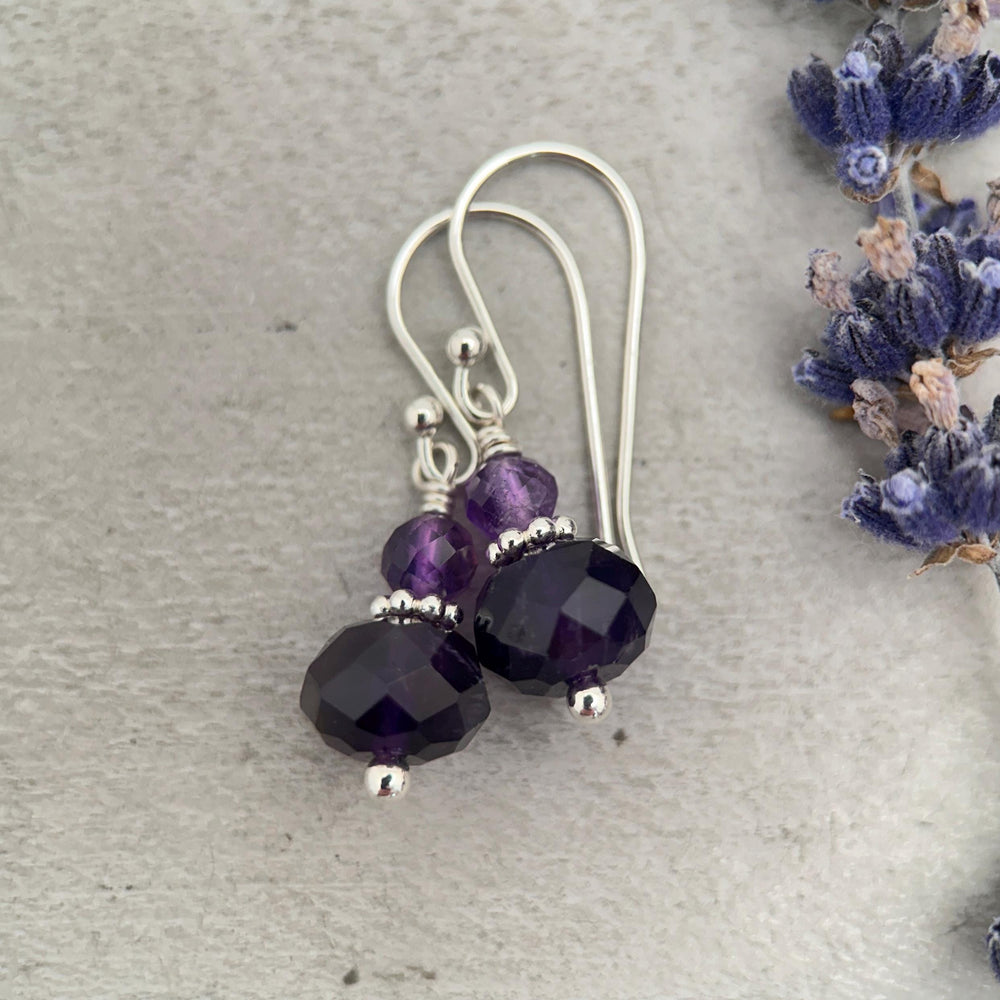 Amethyst Sterling Silver Earrings • Faceted Purple Gemstone Dangle Jewelry • February Birthstone - SunlightSilver