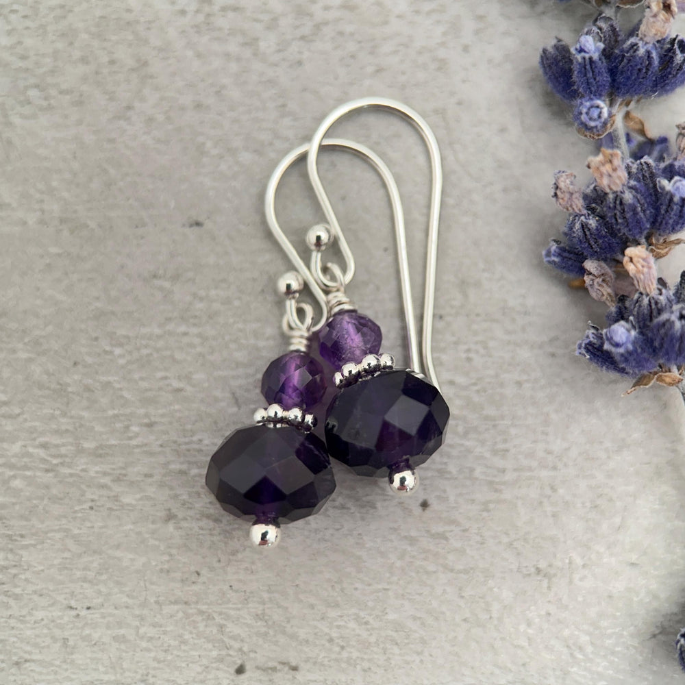 Amethyst Sterling Silver Earrings • Faceted Purple Gemstone Dangle Jewelry • February Birthstone - SunlightSilver