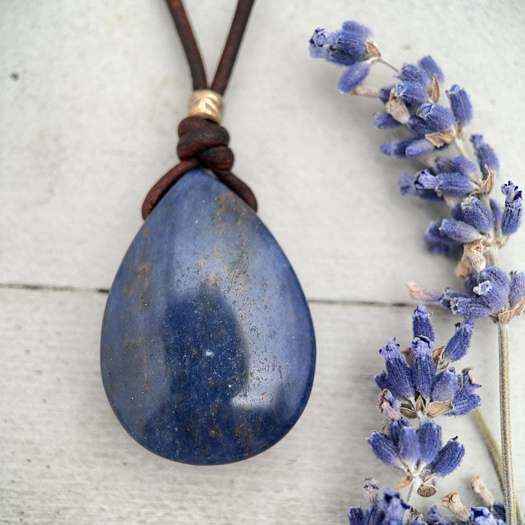 Sodalite Pendant Leather Necklace - Dark Navy Blue Healing Crystal - Rustic Brown Leather - Solid 925 Sterling Silver - SunlightSilver