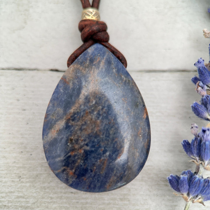 Sodalite Pendant Leather Necklace - Dark Navy Blue Healing Crystal - Rustic Brown Leather - Solid 925 Sterling Silver - SunlightSilver