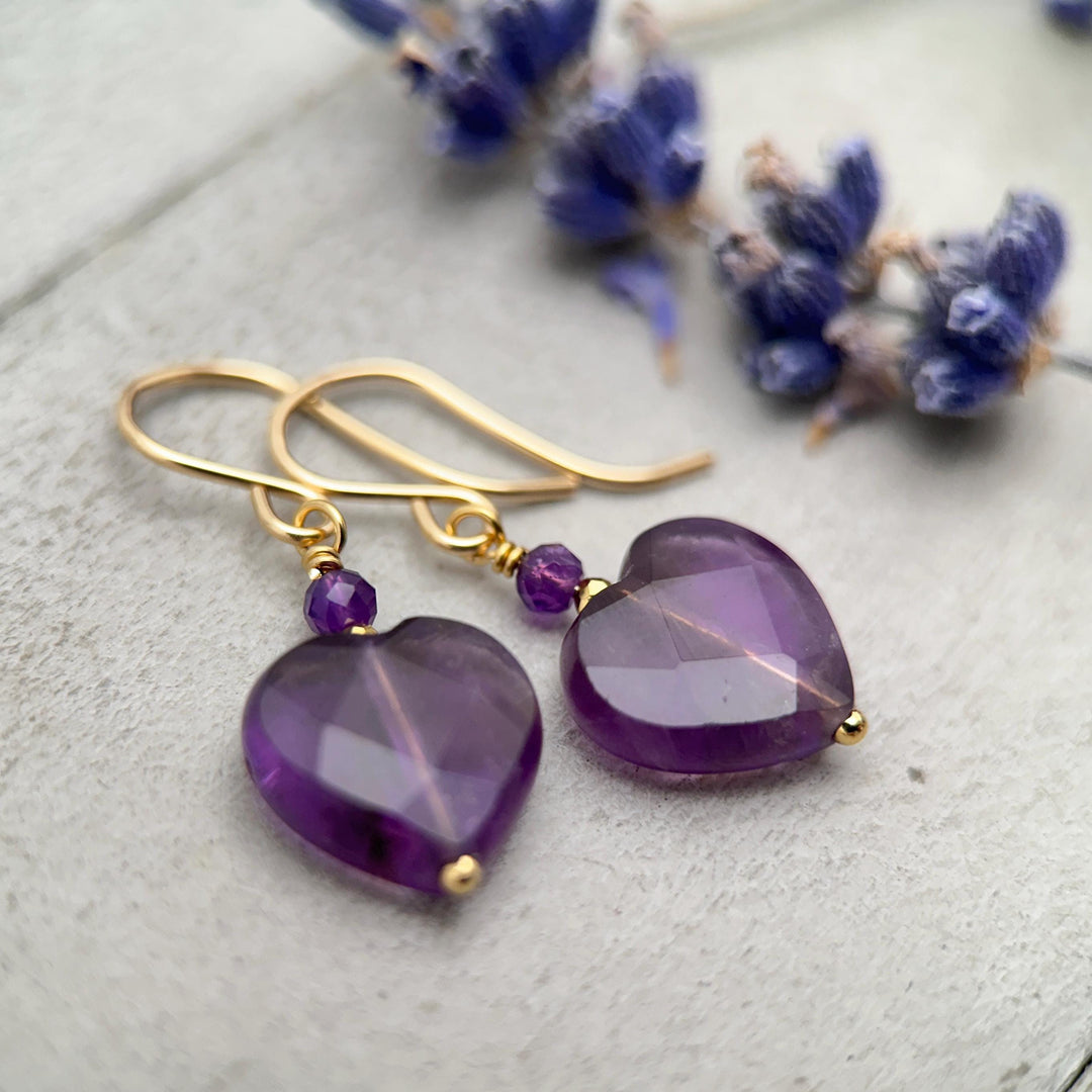 Amethyst Heart Earrings • Sterling Silver or 14k Gold Fill • Faceted Purple Gemstone Dangles • February Birthstone Jewelry - SunlightSilver