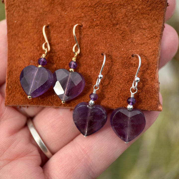 Amethyst Heart Earrings • Sterling Silver or 14k Gold Fill • Faceted Purple Gemstone Dangles • February Birthstone Jewelry - SunlightSilver