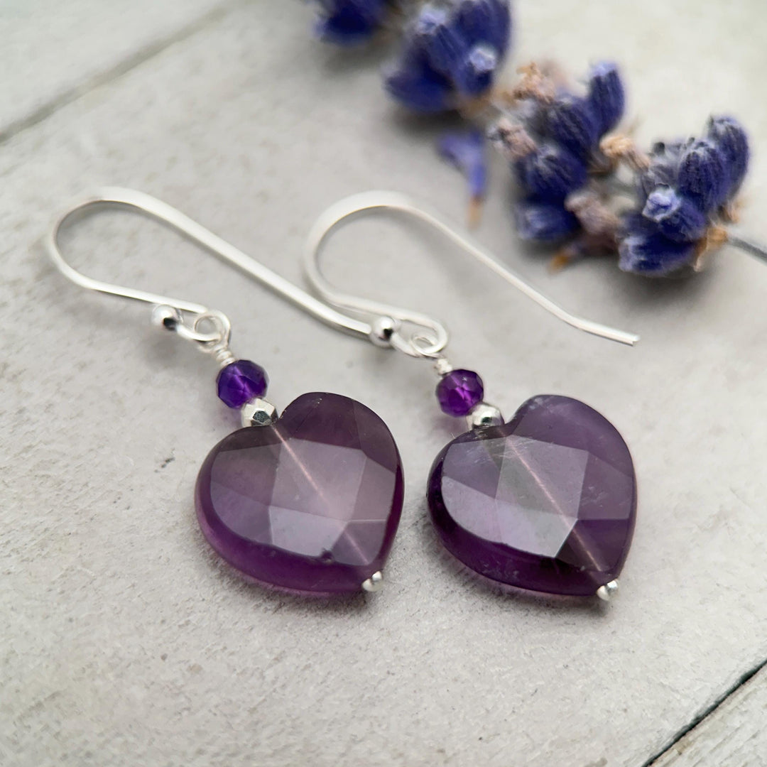 Amethyst Heart Earrings • Sterling Silver or 14k Gold Fill • Faceted Purple Gemstone Dangles • February Birthstone Jewelry - SunlightSilver