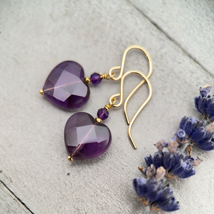 Amethyst Heart Earrings • Sterling Silver or 14k Gold Fill • Faceted Purple Gemstone Dangles • February Birthstone Jewelry - SunlightSilver