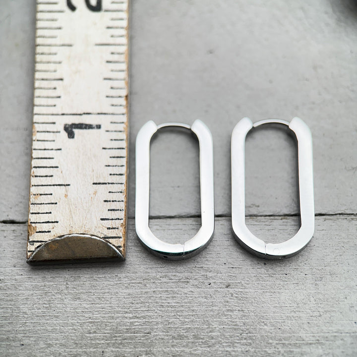 Oval Stainless Steel Hoop Earrings • Silver or 18k Gold PVD • Minimalist Modern Square Edge Hinged Clicker Hoops - SunlightSilver
