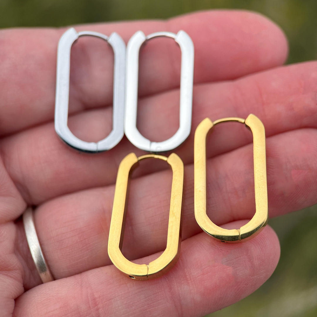 Oval Stainless Steel Hoop Earrings • Silver or 18k Gold PVD • Minimalist Modern Square Edge Hinged Clicker Hoops - SunlightSilver
