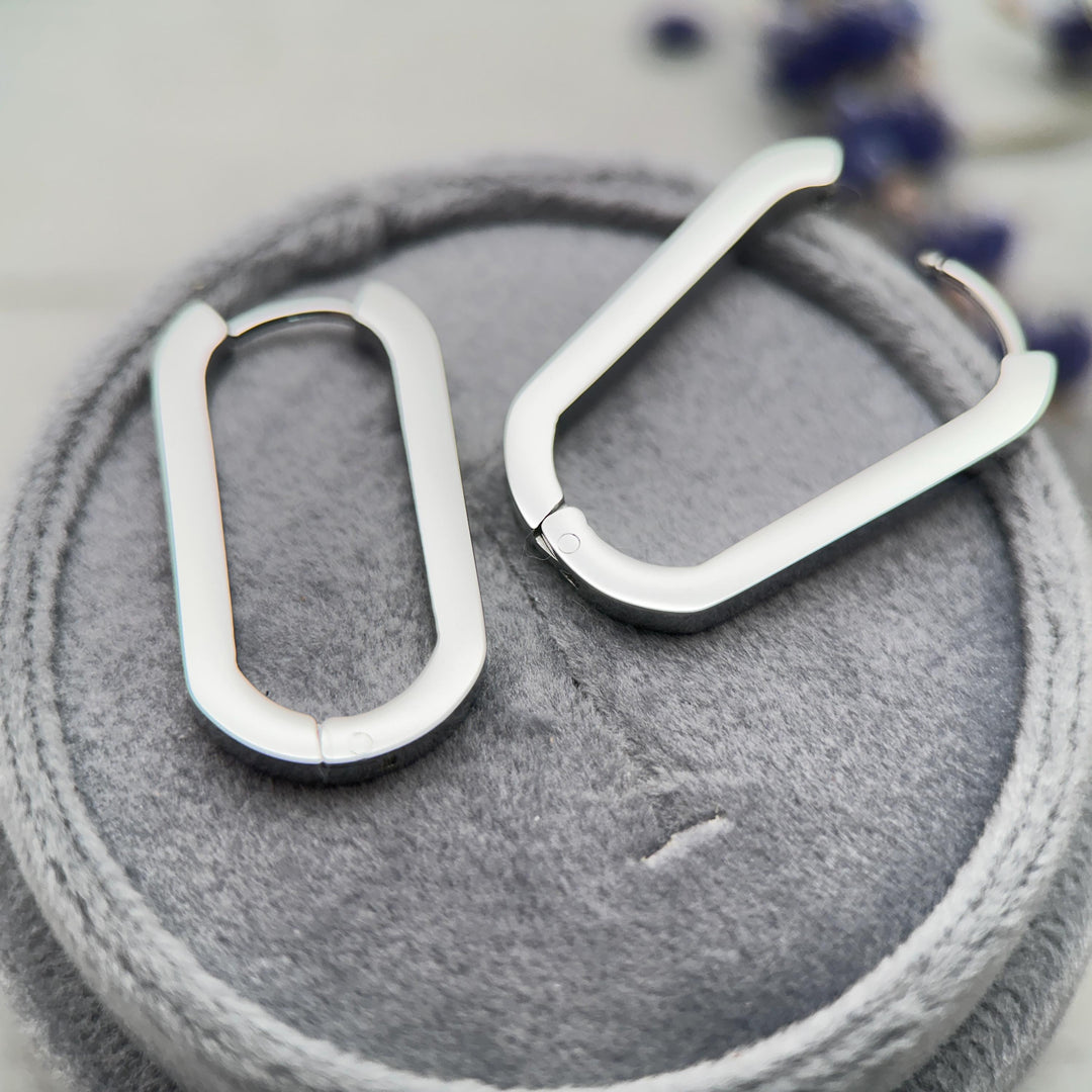 Oval Stainless Steel Hoop Earrings • Silver or 18k Gold PVD • Minimalist Modern Square Edge Hinged Clicker Hoops - SunlightSilver