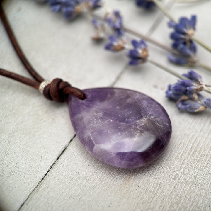 Large Amethyst Pendant Necklace – Deep Purple Gemstone on Rustic Leather – Healing Crystal - February Birthstone - Handmade in the USA - SunlightSilver