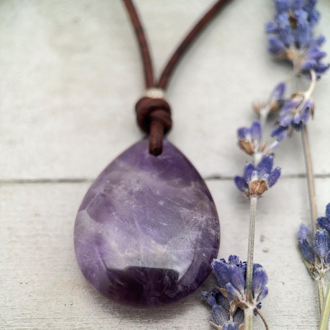 Large Amethyst Pendant Necklace – Deep Purple Gemstone on Rustic Leather – Healing Crystal - February Birthstone - Handmade in the USA - SunlightSilver