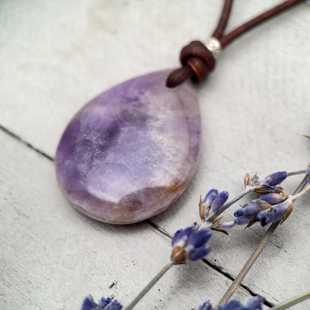 Large Amethyst Pendant Necklace – Deep Purple Gemstone on Rustic Leather – Healing Crystal - February Birthstone - Handmade in the USA - SunlightSilver