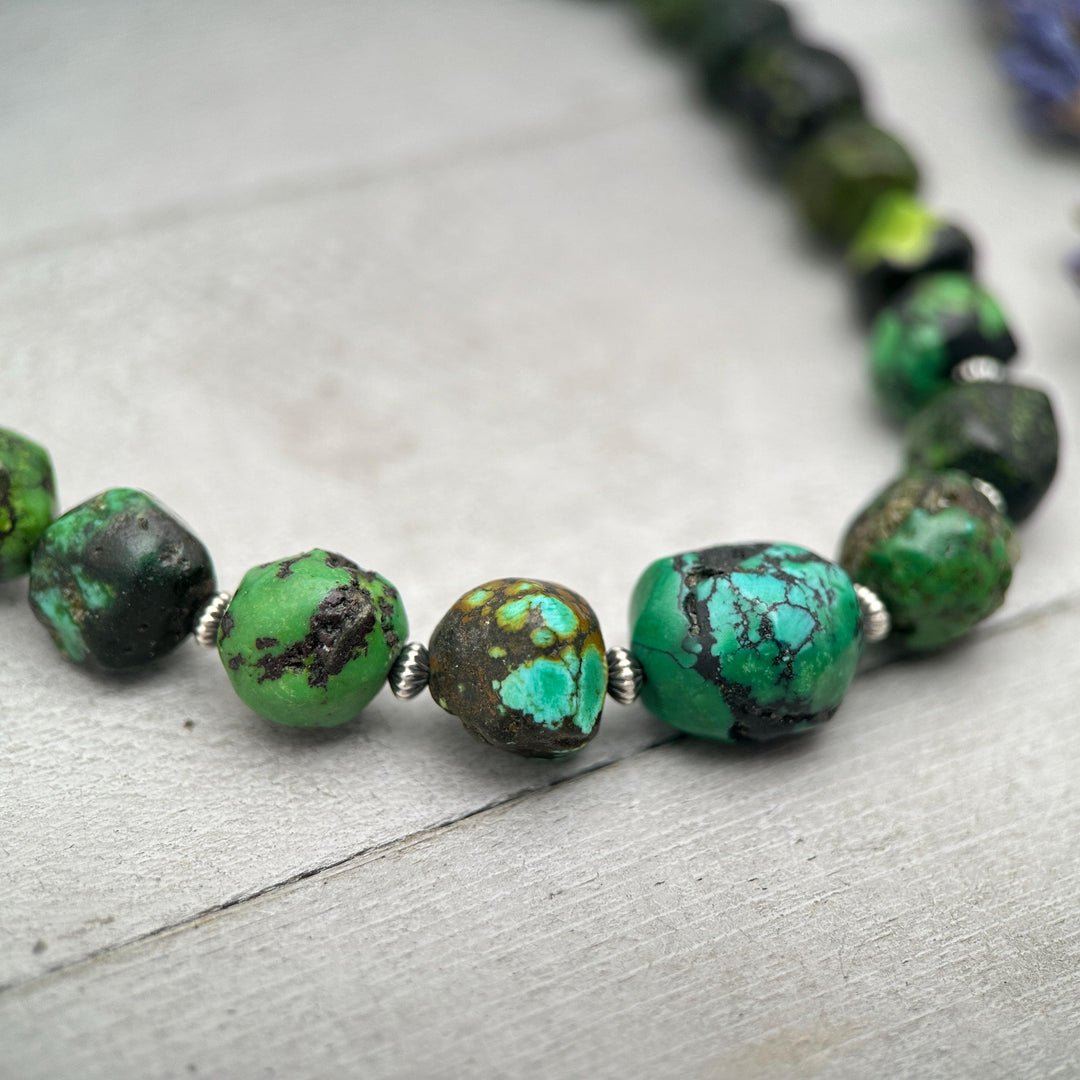 Green Turquoise Nugget and Navajo Pearl Necklace - SunlightSilver