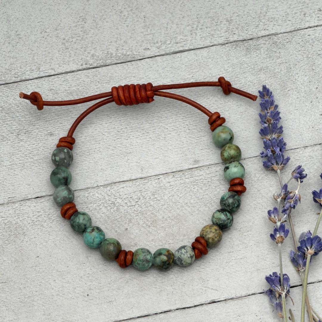 African Turquoise Leather Bracelet, Adjustable Gemstone Stacking Jewelry - Unisex For Men or Women - SunlightSilver