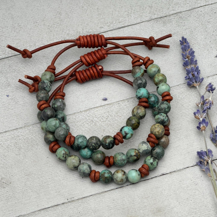 African Turquoise Leather Bracelet, Adjustable Gemstone Stacking Jewelry - Unisex For Men or Women - SunlightSilver