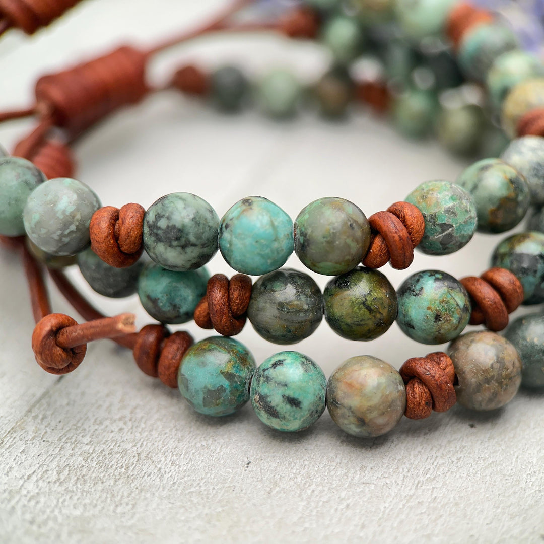 African Turquoise Leather Bracelet, Adjustable Gemstone Stacking Jewelry - Unisex For Men or Women - SunlightSilver
