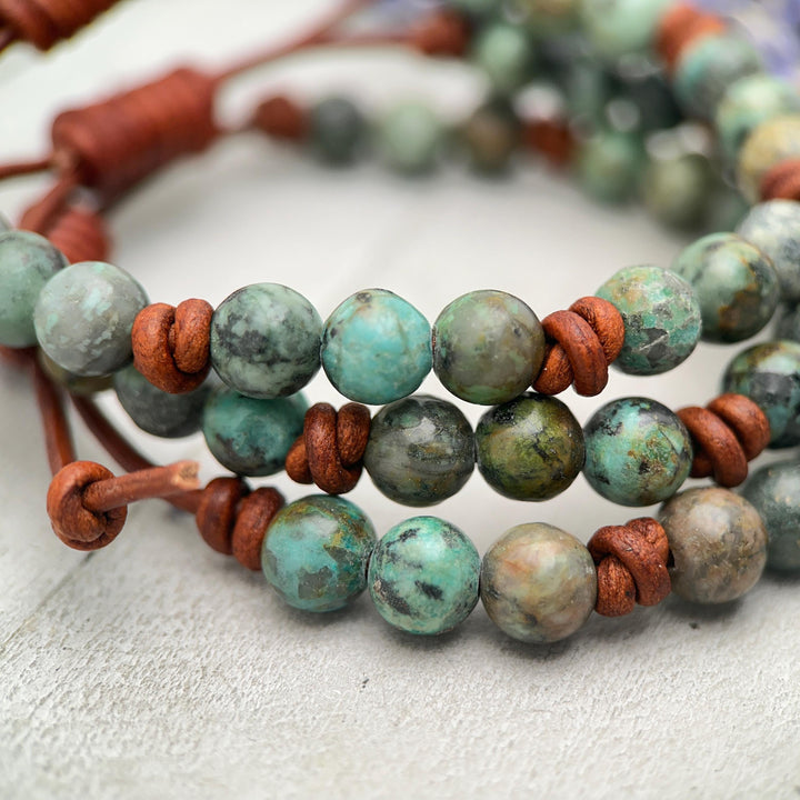 African Turquoise Leather Bracelet, Adjustable Gemstone Stacking Jewelry - Unisex For Men or Women - SunlightSilver