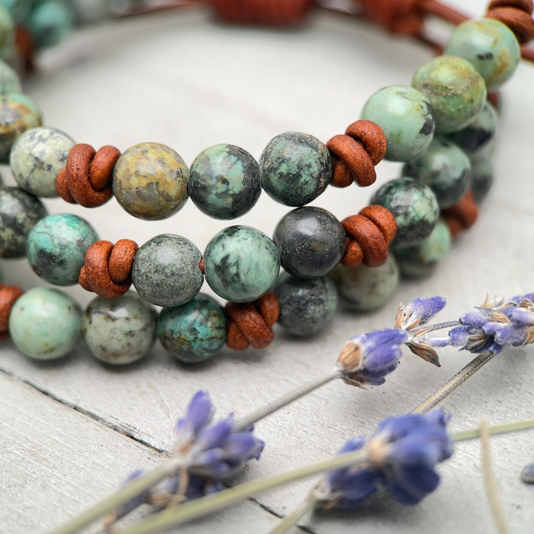 African Turquoise Leather Bracelet, Adjustable Gemstone Stacking Jewelry - Unisex For Men or Women - SunlightSilver