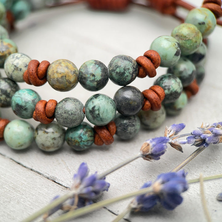 African Turquoise Leather Bracelet, Adjustable Gemstone Stacking Jewelry - Unisex For Men or Women - SunlightSilver
