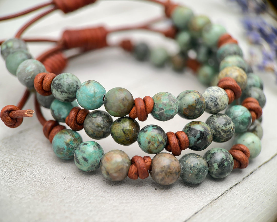 African Turquoise Leather Bracelet, Adjustable Gemstone Stacking Jewelry - Unisex For Men or Women - SunlightSilver