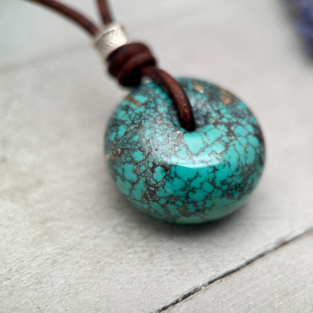 Natural Green Turquoise Donut Necklace on Rustic Leather – December Birthstone - For Him or Her - SunlightSilver