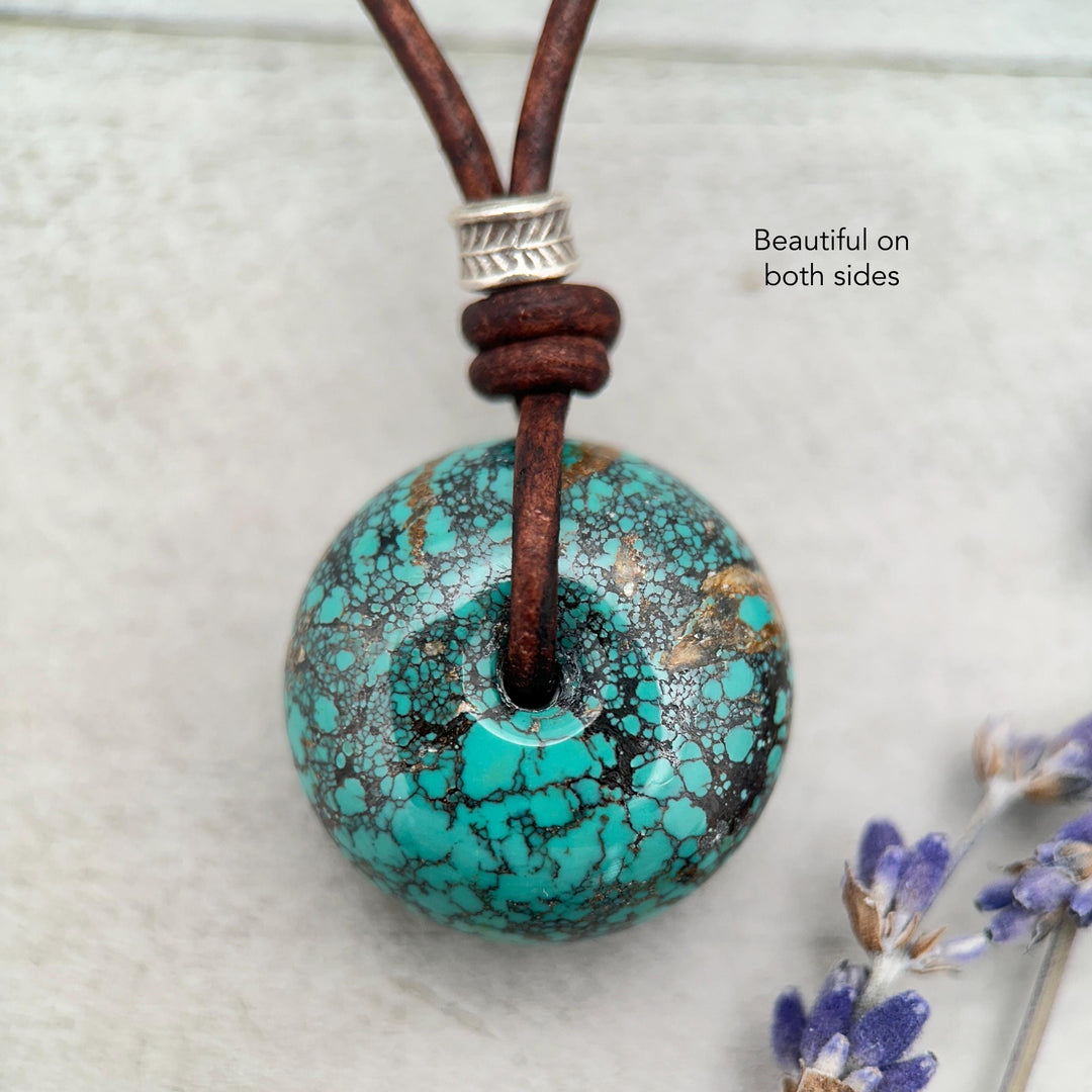 Natural Green Turquoise Donut Necklace on Rustic Leather – December Birthstone - For Him or Her - SunlightSilver