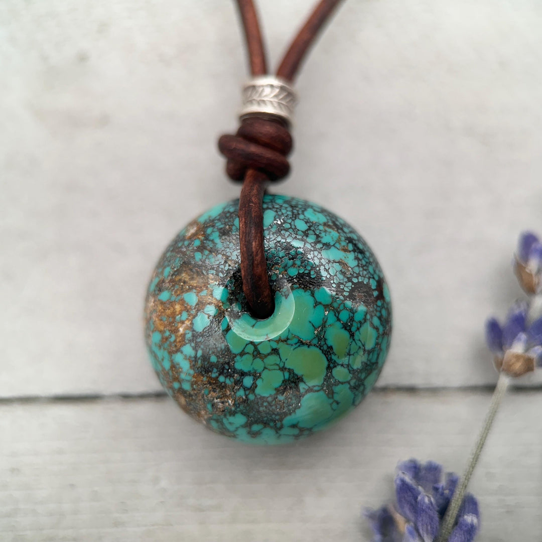 Natural Green Turquoise Donut Necklace on Rustic Leather – December Birthstone - For Him or Her - SunlightSilver