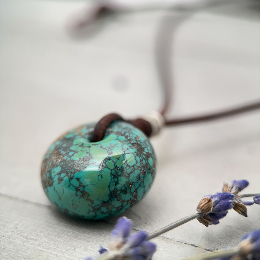 Natural Green Turquoise Donut Necklace on Rustic Leather – December Birthstone - For Him or Her - SunlightSilver