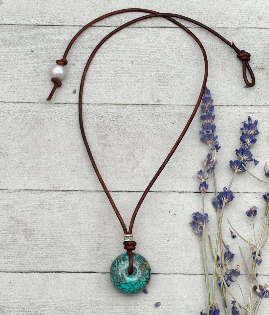 Natural Green Turquoise Donut Necklace on Rustic Leather – December Birthstone - For Him or Her - SunlightSilver